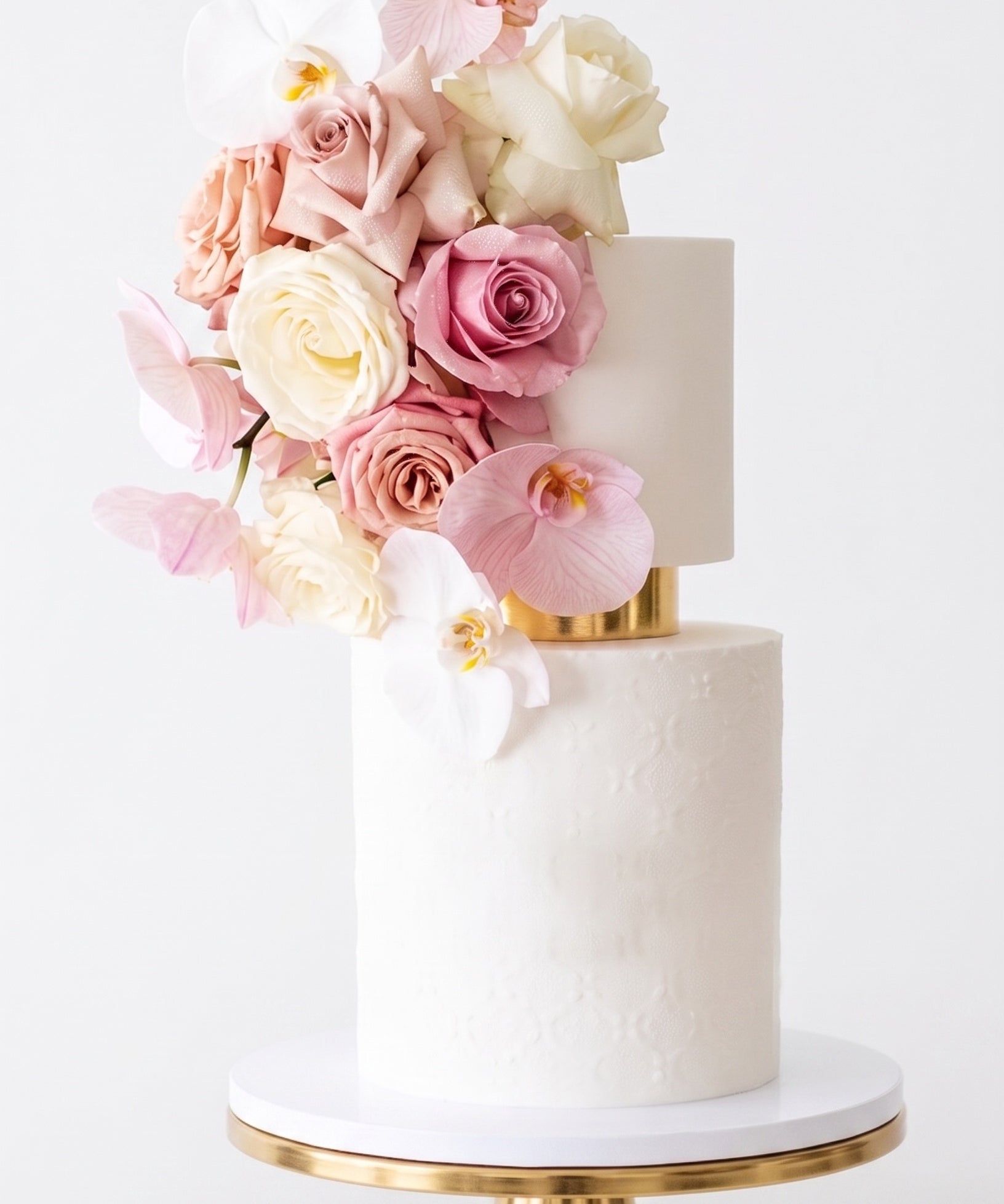 Gâteau personnalisé à étages blanc, roses et orchidées roses, Dcake