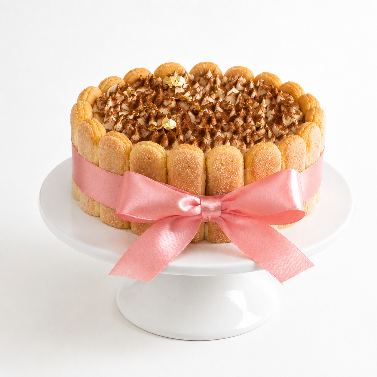 Tiramisu Dcake : gâteau entier bordé de biscuits doigts de dame, mascarpone au cacao et ruban rose — Montréal