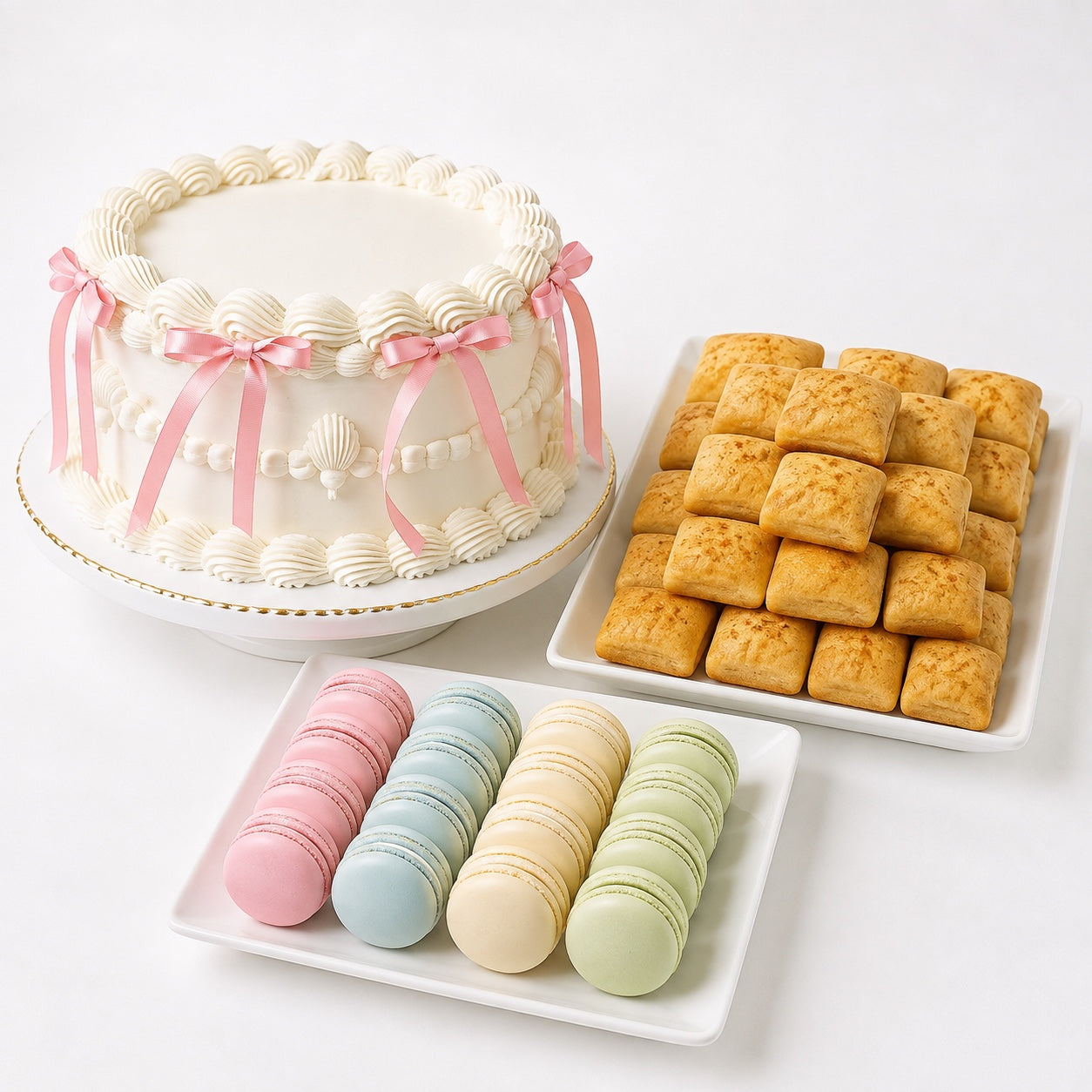 Trio Réception Dcake : gâteau blanc décoré de rubans roses, pâtés haïtiens et macarons pastel